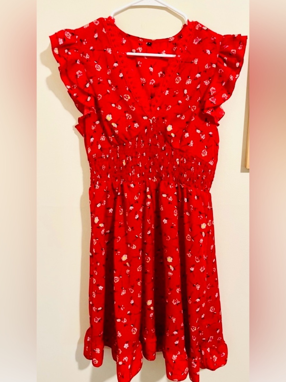 Boho Red Floral Ruffle Cap Sleeve V-Neck A-Line Swing Mini Sundress NWOT - Picture 7 of 14